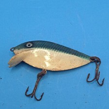 Vintage Blue White Metal Crankbait Fishing Lure with Treble Hooks Classic Tackle