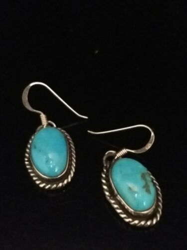 Native American Navajo Morceni Turquoise Sterling Silver Signed Earrings T.JON - Picture 2 of 9