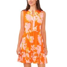 Vince Camuto Floral Print Dress Sleeveless Ruffle Hem Orange Multi S