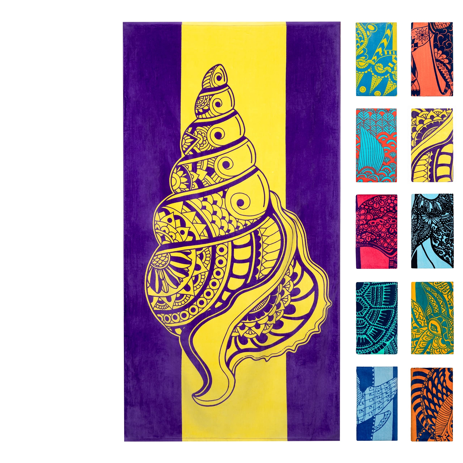 Nova Blue Tropical Seashell Beach Towel 34x63 in Purple Yellow 100% Cotton