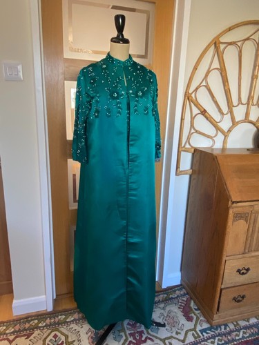 Ladies Formal Gown - Heftco Emerald Green Hand-Beaded Silk Satin Dress and Gown - Picture 2 of 17