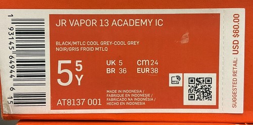 Nike AT8137 001 JR Vapor 13 Academy IC Youth Soccer Shoes Black Cool Grey 5.5Y - Picture 13 of 13