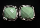 Silver Plated Vintage Clip On Earrings with Green Plastic Stone Costume Jewelry