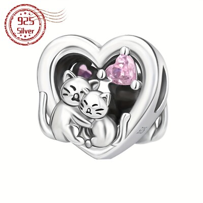 S925 Silver Always By My Side Cats Heart Women Bracelet Necklace Bead Charm