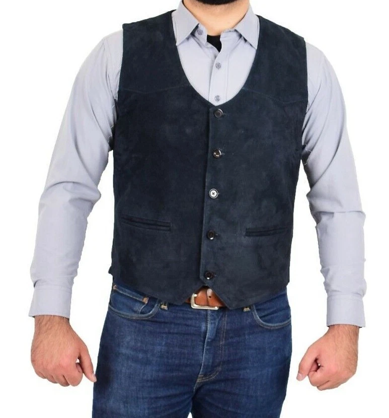 Men's Navy Blue Lamsbkin Suede Waistcoat Classic Stylish Causal Gilet Vest Coat