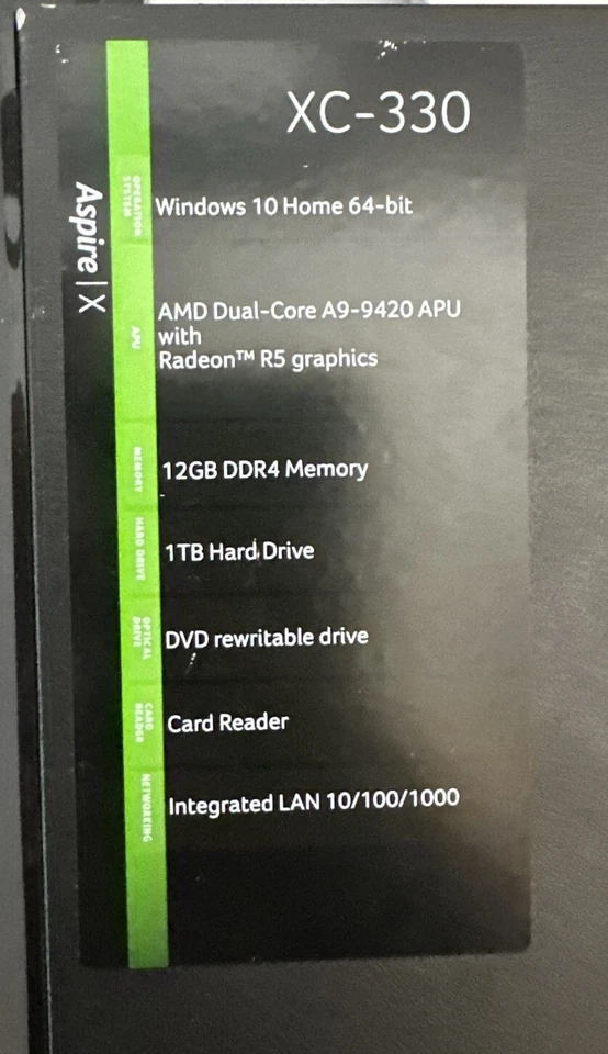 Acer Aspire XC-330 Desktop AMD A9 A9-9420 12GB DDR4-SDRAM SSD 256GB Windows 10 - Immagine 4 di 4