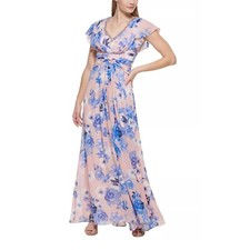 ELIZA J Floral-Print Embellished V Neck Flutter-Sleeve Gown Pink Blue 6