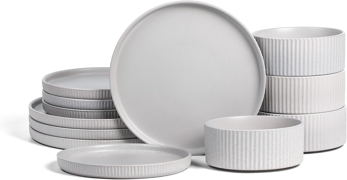 Haven Stoneware 12-Piece Dinnerware Set, Grey Plates and Bowls