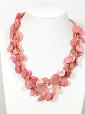 Beachy Coastal Pink Shell Disc Charm Multi Cord Boho Necklace 16 inch