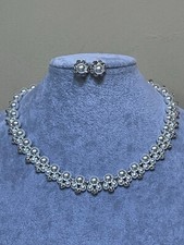 White Faux Pearl Clear Crystal stud Silver finish Necklace Earring Set