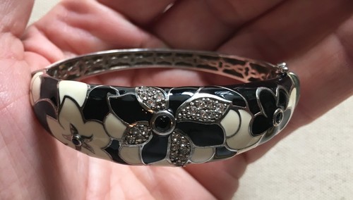 Sterling Enamel Bangle Bracelet Flowers Cream Black Crystals Hinged EMA Designer - Picture 7 of 7