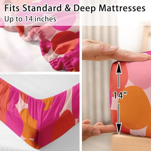 Size Bed Sheet Sets, Pink Orange Colorful Soft Microfiber 4 King Geometric Dots - Picture 5 of 6