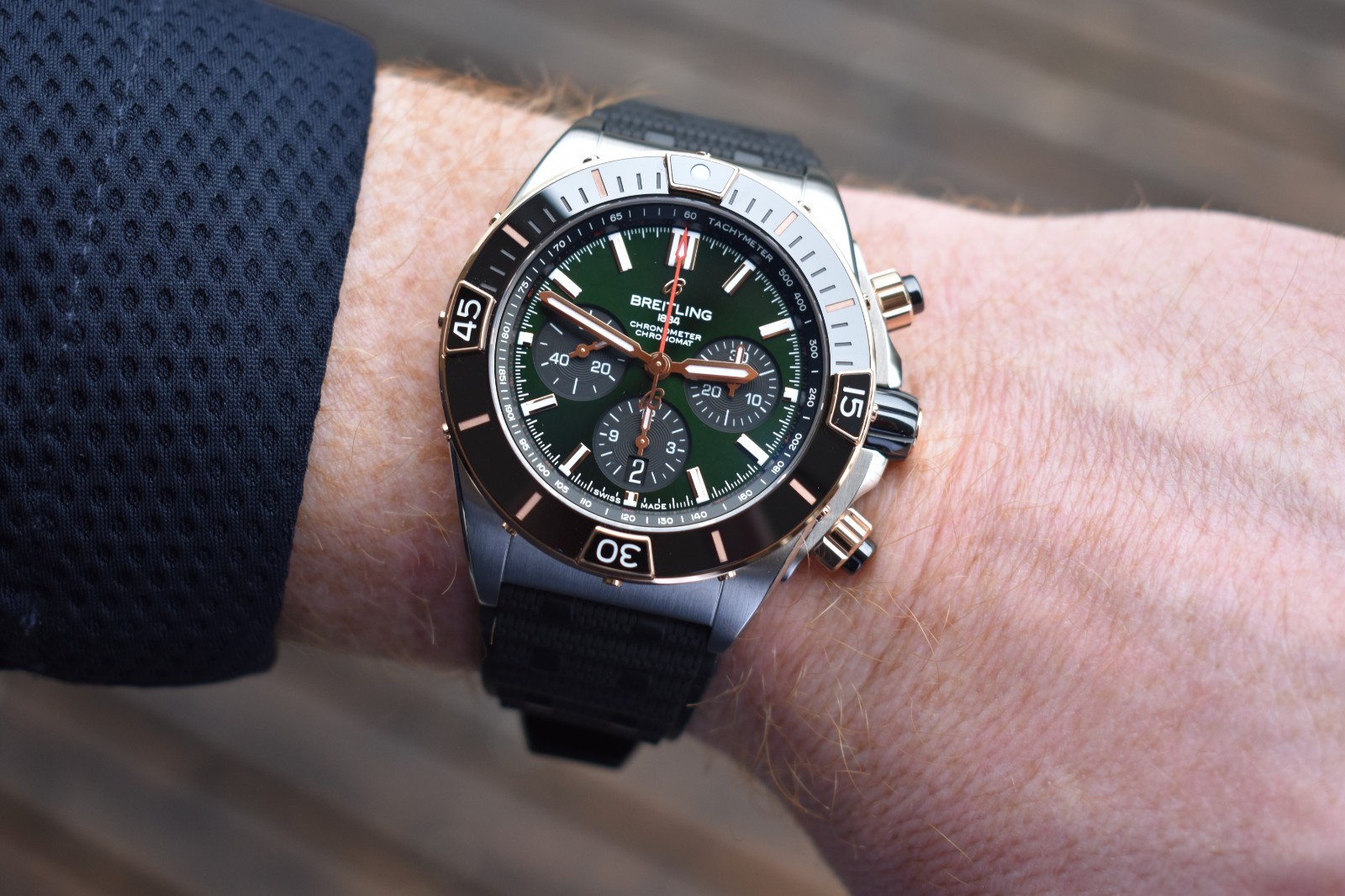 2023 Breitling Super Chronomat B01 44 18K Rose Gold & Steel Green Dial UB0136 FS