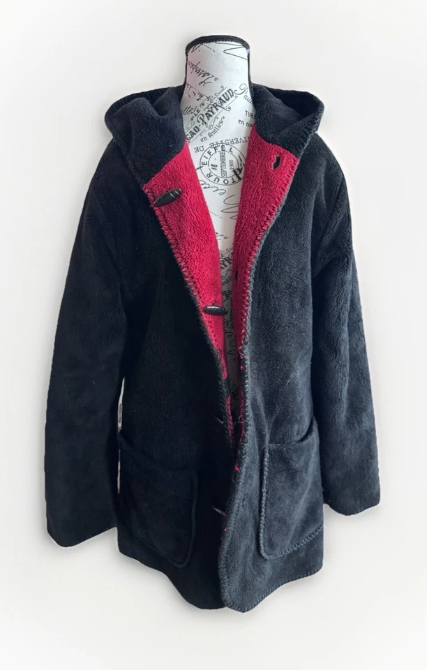90s Alpine Studio Faux Fur Reversible Reindeer Coat Hooded Toggles Red Black S - Image 4 of 4