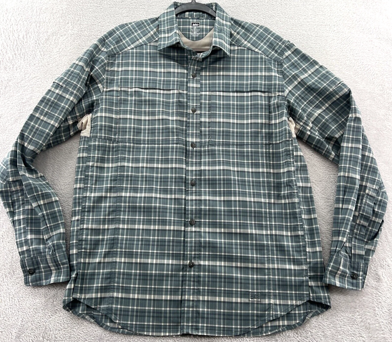 REI Shirt Mens Medium Plaid Green Button Up Vented Long Sleeve Hiking