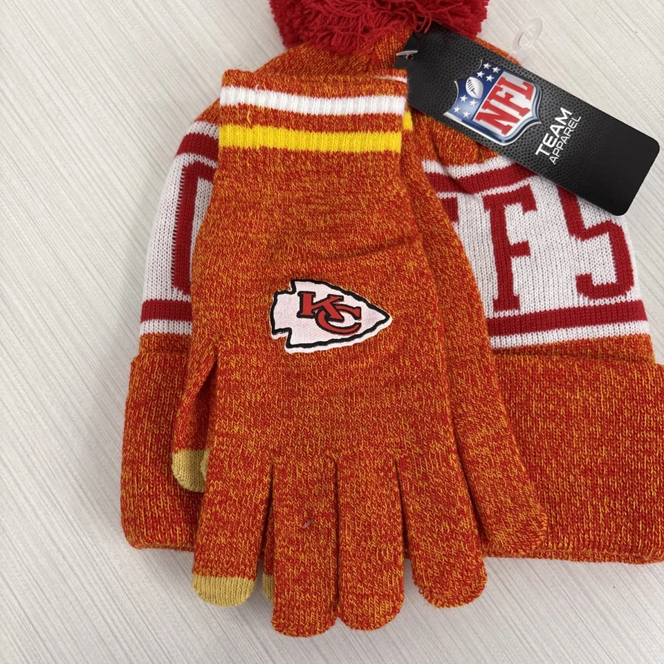 Kansas City Chiefs OSFM Knit Cuffed Beanie Pom Pom Gloves NFL Team NEW - Image 2 of 4