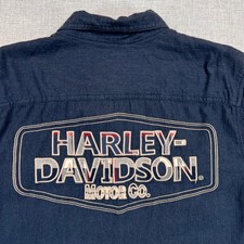 Harley Davidson Button Up Work Shirt Men M Navy Blue Embroidered Biker Mechanic