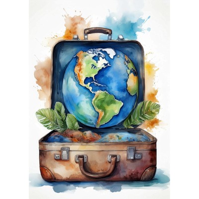 Postkarte. Gute Reise. Weltreise. Die Welt im Koffer. Grußkarte 101100001