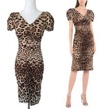 DOLCE & GABBANA Leopard Print Silk Ruched Midi Dress Size 36 / 0 Bodycon Sheath