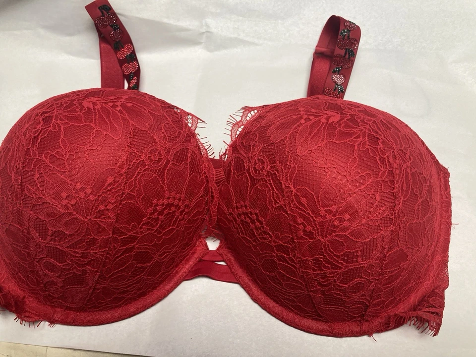 Victoria's Secret Red Embroidered Push Up Cherry Shine Strap Bra Size 36 DDD - Image 3 of 4