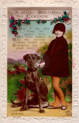 c1910's Birthday Message Pretty Girl Dog Embossed RPPC Photo Postcard COPY
