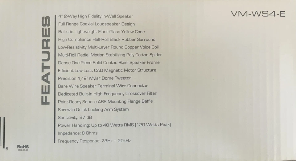 VM Audio VM-WS4-E 4” 2-Way In-Wall High Fidelity Speakers 120W Elux – New in Box - Image 2 of 4