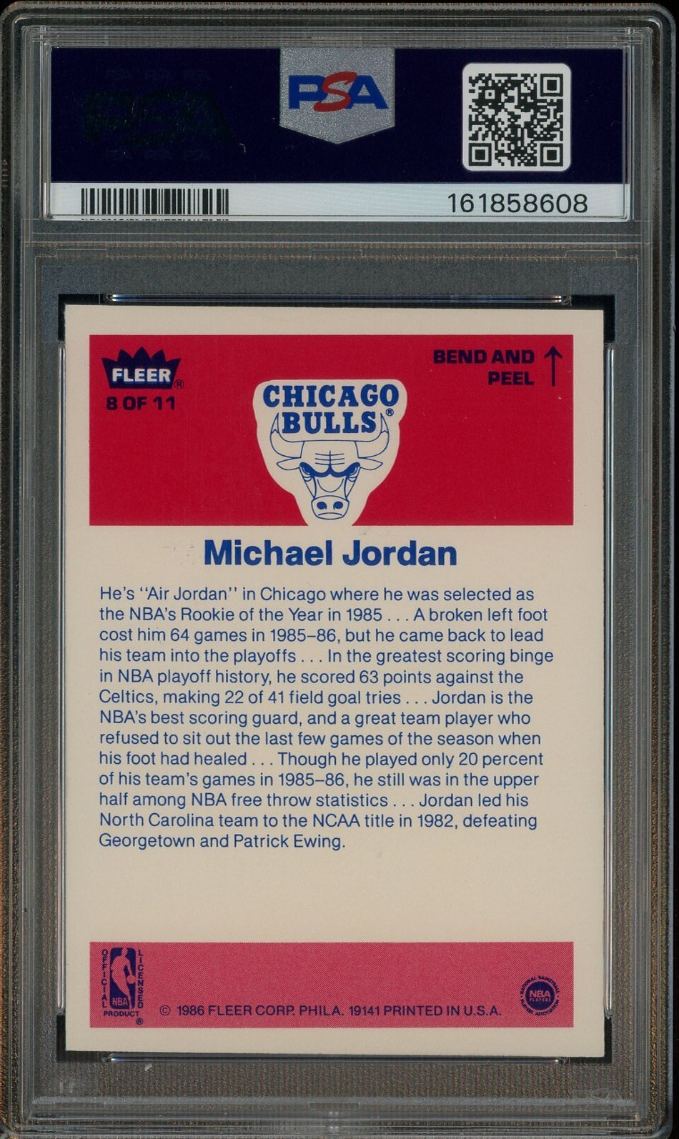 1986-87 Fleer Sticker Basketball #8 Michael Jordan RC Rookie HOF PSA 8 NM-MT view 2