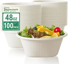 Large Disposable Bowls 48 Oz Heavy Duty Compostable Paper Bowls [100 Pack]