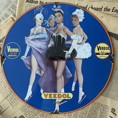 VINTAGE 1957 VEEDOL MOTOR OIL TYDOL GASOLINE 12 INCH PORCELAIN ENAMEL SIGN