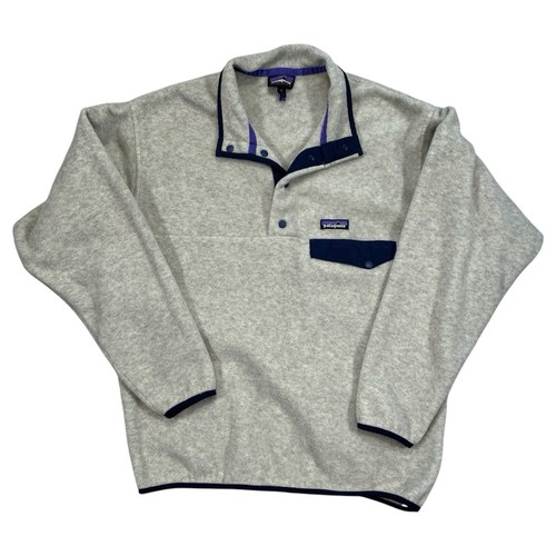 Patagonia Mens Sweater Large Blue Oatmeal Heather Lightweight Synchilla Snap T