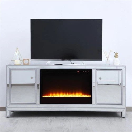 Elegant Decor Modern 60" Mirrored Crystal Fireplace TV Stand in Antique Silver - Picture 7 of 10