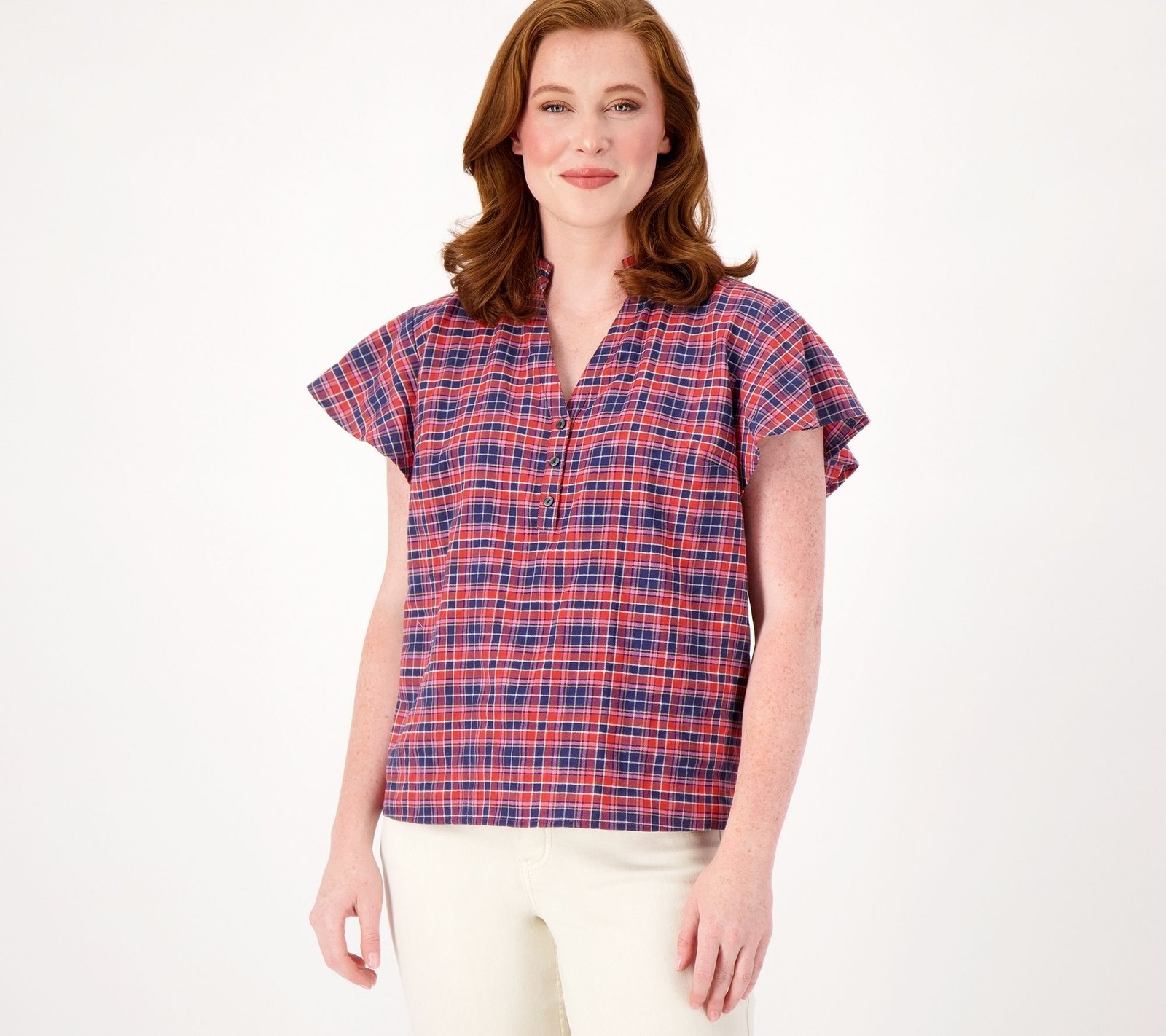 Candace Cameron Bure Women's Top Sz M Plaid Flutter- Multi-colored A518425