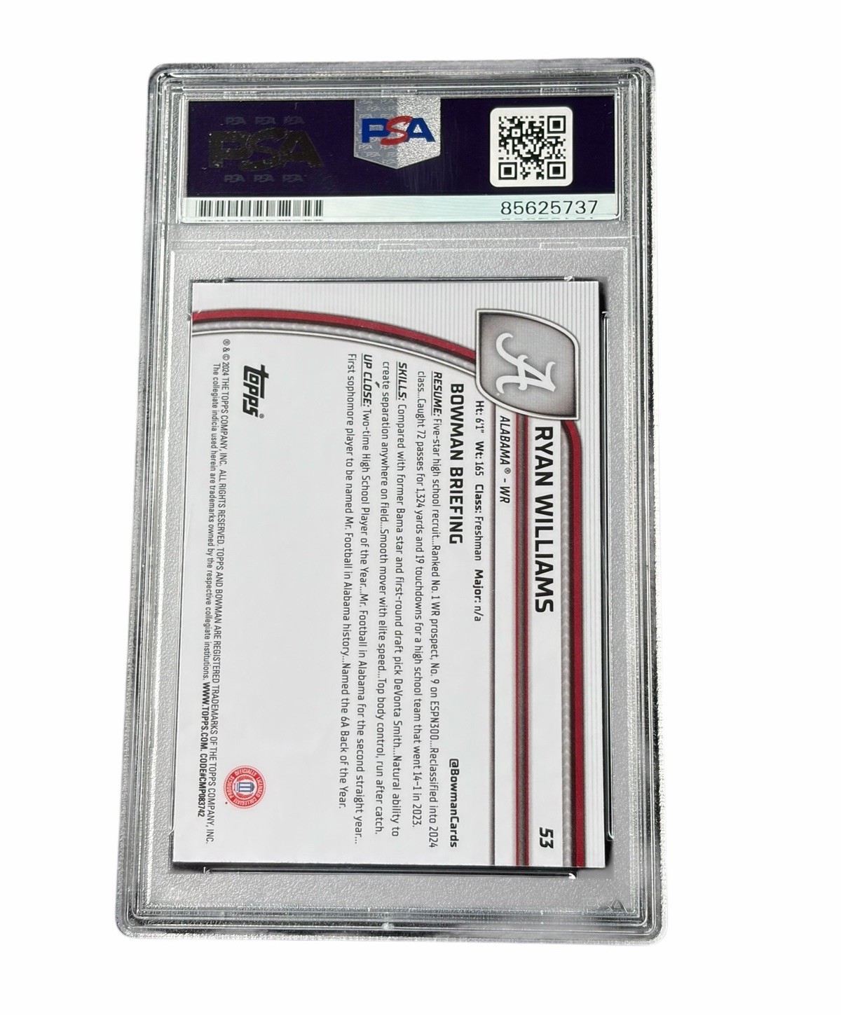 Ryan Williams Signed Card Alabama Crimson Tide Autographed Auto PSA 10 view 2