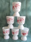 Vintage Set of 6 Hazel Atlas Milk Glass Rooster "Good Morning " Double Egg Cups