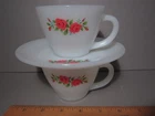 Fire King Ware Milk Glass 2 Cup Saucer ROSE Pink Red Anchor Hocking Vintage USA