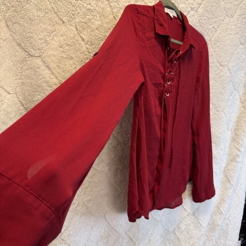 Dark Romantic Boho Top Burgundy Love Tree Lace Up Grommet Roll Tab Sleeve Blouse