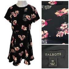 Talbots Dress Womens 10 Black Pink Floral Work Office Church Date Elegant