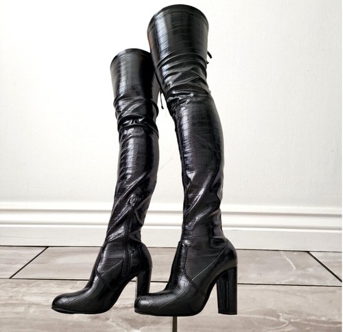 Damas Negro Elástico Muslo Muy Largo Calcetines Botas Sobre la Rodilla Tacón Alto Zapatos - Imagen 5 de 10