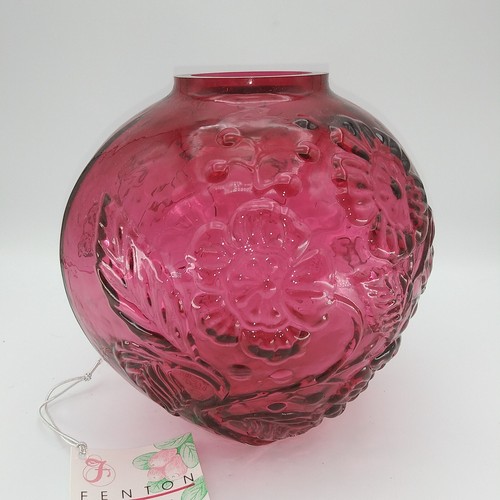 Vintage Engraved Cranberry Fenton Rose Bowl Vase heavy Embossed Poppy's 2" hole - Picture 8 of 11