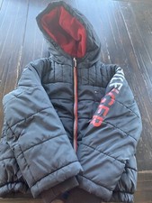 Tommy Hilfiger Boys Puffer Winter Coat Red Fleece Lining Size 5 Navy VGC