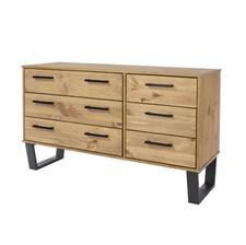 3+3 Wide Chest of Drawers 9 Drawer Solid Wax Pine / Washed Grey Metal Legs