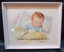 Vintage Sleeping Baby Print Signed DEBORAH Under Glass Wood Frame Psalm 127:3