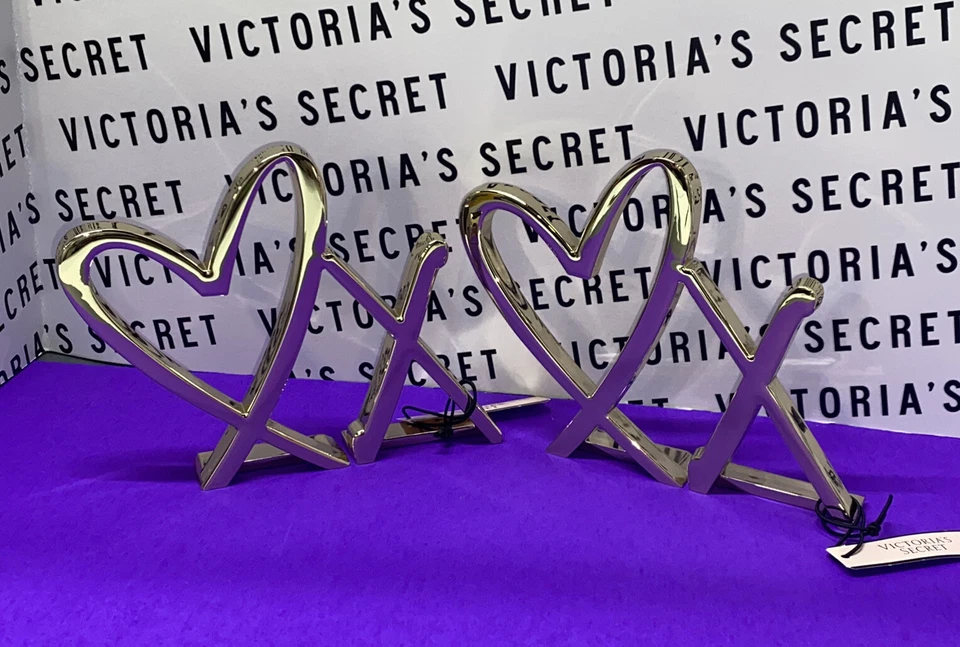 Victoria’s Secret VS ORO ICÓNICO CORAZÓN XO SUJETALIBROS Estante Mesa Decoración Juego de 2 piezas RARO Foto 3 de 4