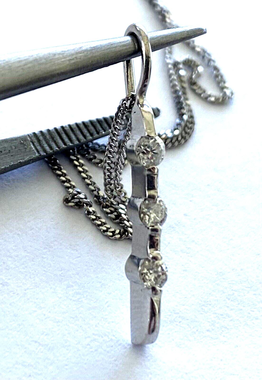 Classy 14K Solid White Gold Bar Shape Pendant Cha… - image 6