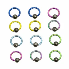 Captive Ring Pack of 12 Colorful Anodized Titanium with Hematite Ball 14g