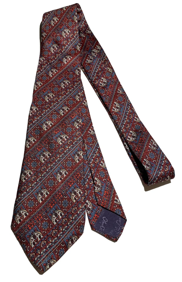 Corbata OLEG CASSINI VINTAGE - ¿Morisca? Patrón en Rojo Rosa Azul Blanco Caqui Foto 2 de 4