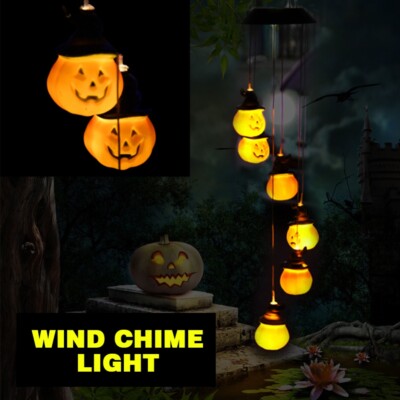 LED Solar Wind Chime Light Halloween Spiral Pumpkin Garden Bell Lamp Waterproof