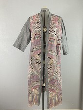 Chico's Women's Kimono Linen Floral Embroidered Open Front Size S/M