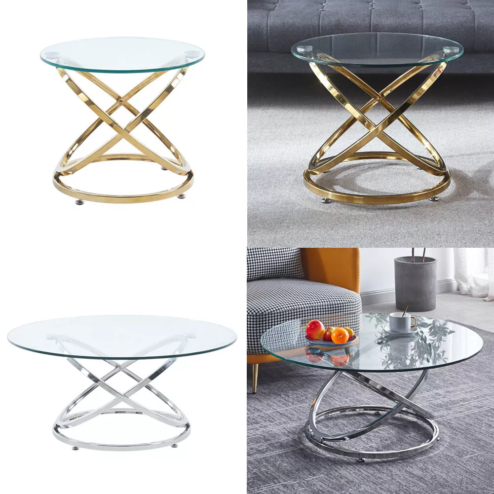 Stainless Steel Glass Tea Coffee Table Living Room Furniture Round End Side Desk