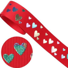 GROSGRAIN RIBBON 7/8" Silver Foil Hear on Red Ribbon Hairbow Birthday gift